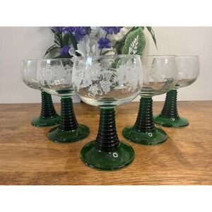 Vintage Luminarc France Roemer Green Stem Etched Grape Goblet‎ Set